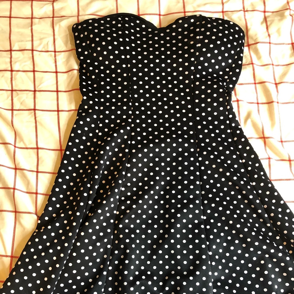 black and white polka dot strapless skater dress